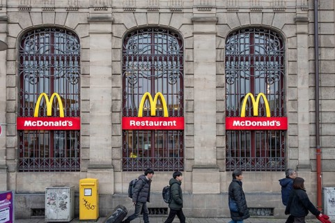 McDonald's logos on the historic lattice windows of the Old Post Office, Erlangen, Mittelfranklen,
