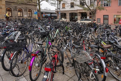 Bicycle parking lot in front of the train station, Erlangen, Middle Franconia, Bavaria, Germany