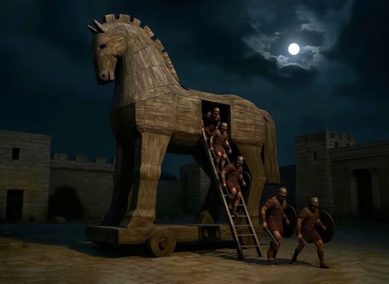 The Trojan horse stands at night in the ancient city of Troy, Greek warriors get out of the belly
