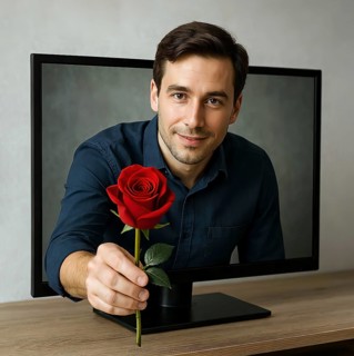 A man looks out of a television monitor with a rose in his hand, symbolic image fantasy,