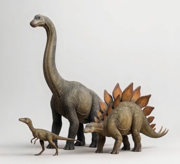Size comparison dinosaur, a brontosaurus, a stegosaurus and a compsognathus, fossil, extinct,