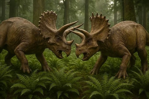 Two dinosaurs, two triceratops, with threatening gestures in a prehistoric forest, symbol fossil,