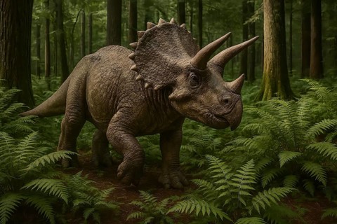 A dinosaur, a triceratops, runs through a prehistoric forest, symbol fossil, extinct, prehistoric,