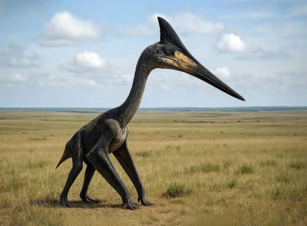 A dinosaur, a Quetzalcoatlus, in the prehistoric steppe, fossil, extinct, prehistoric, Cretaceous,