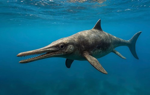A dinosaur, an ichthyosaur in ocean water, fossil, extinct, prehistoric, Cretaceous, dinosaur,