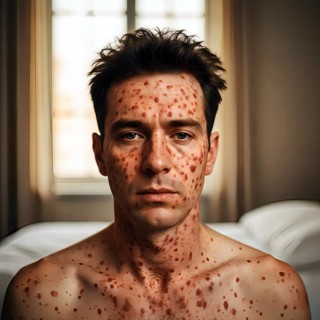 Portrait, man with measles, symbolic picture sick, illness, contagious, health, infection, health