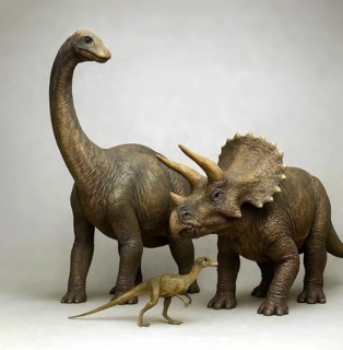 Size comparison dinosaur, a Brontosaurus, a Triceratops and a Compsognathus, fossil, extinct,