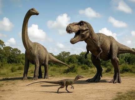 Size comparison dinosaur, a brontosaurus, a Tyrannosaurus rex and a compsognathus, fossil, extinct,