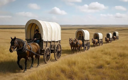 A trek of covered wagons travels through the prairies of North America, symbolic image settlers,