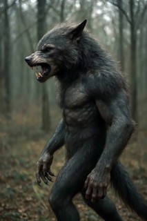 A werewolf after transformation in a dark forest, symbolic image beast, mythology, legend, horror,