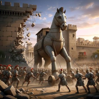 The Trojan horse pulled by Trojans to the ancient city of Troy, Greek warriors are hidden in their