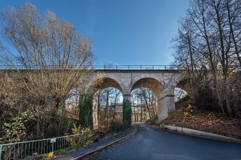 Historic stone railway viaduct in Lauf, built in 1876, Lauf an der Pegnitz, Middle Franconia,