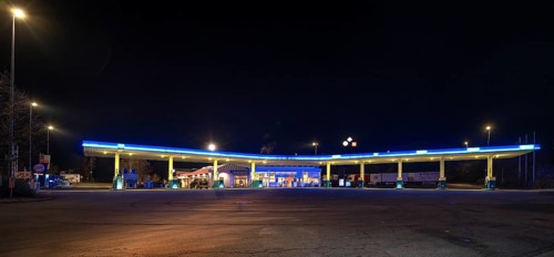 Gas station at night, Schnaittach, Middle Franconia, Bavaria, Germany
