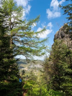 Rocks in the forest with a view of Oybin, Zittau Mountains, things, Germany