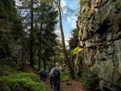 Hikers in forest with rocks, Felsengasse, Zittau Mountains, things, Germany