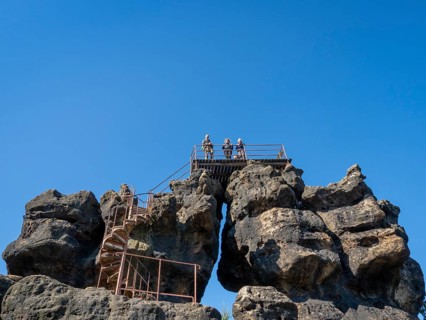 Rocks and rock group, with via ferrata and view, Töpferberg, Zittau Mountains, Saxony, Germany