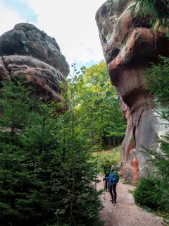 Rocks in the forest and hikers, sandstone rocks, chalice stones, Zittau Mountains, things, Germany
