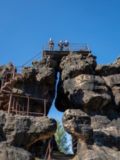 Rocks and rock group, with via ferrata and view, Töpferberg, Zittau Mountains, Saxony, Germany