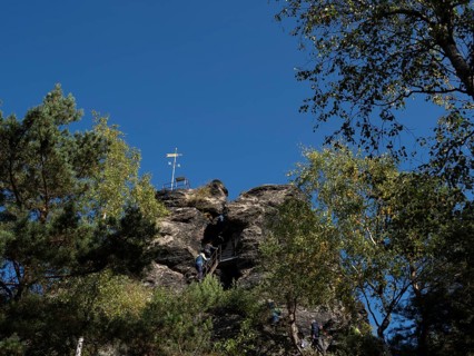 Rocks and rock group with via ferrata, Scharfenstein, Zittau Mountains, Saxony, Germany