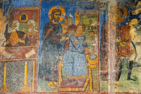 Historical fresco in a church depicting a Christian scene with detailed figures, Akhtala monastery,