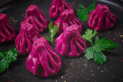 Beetroot khinkali, mini khinkali, purple, Georgian cuisine, no people