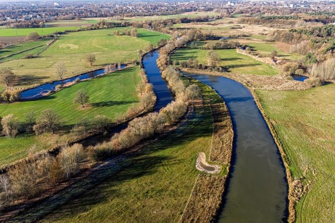 Aerial view, river Aller east of Celle, stream surrounded by meadows, Celle, Lower Saxony, Germany