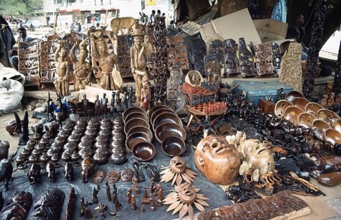 Carvings, wood carving stand at Lilongwe market, Malawi, Africa, June 2000, vintage, retro, old,