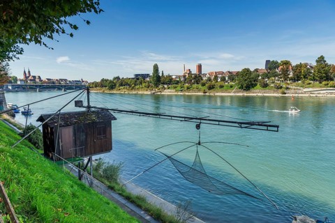 Traditional fishing hats with fishing net, Rhine, Basel