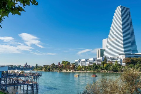 Basel Rheinbad with a view of the Roche Tower, Rhine, Basel