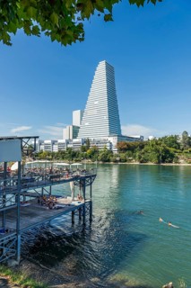Basel Rheinbad with a view of the Roche Tower, Rhine, Basel