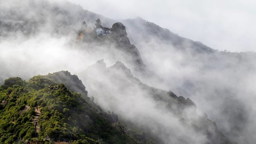 Clouds of Fog, Casa de Abrigo do Pico Ruivo, hiking trail PR 1, 2 to Pico Ruivo, Mist, Madeira,