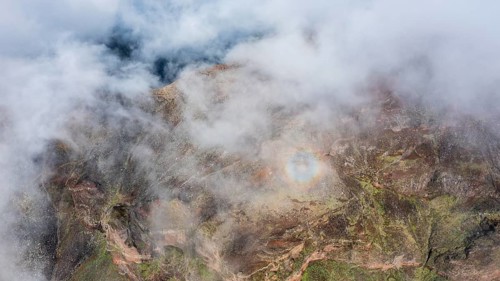 Aerial view, clouds of fog with halo, light ring, atmospheric phenomenon, mountains, Madeira,