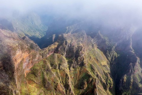 Aerial view, clouds of fog, mountains, Madeira, Portugal