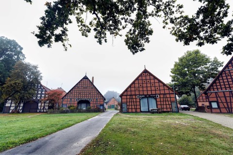 Well-preserved half-timbered houses, four-frame buildings, hall houses, arranged in a circle,