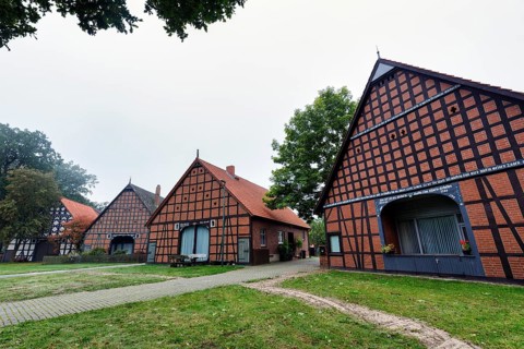 Well-preserved half-timbered houses, four-frame building, hall houses, arranged in a circle,
