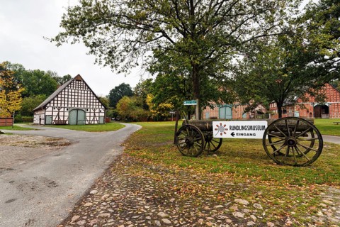 Sign on an old cart, inscription Rundling Museum, open-air museum in Rundlingsdorf Lübeln, Rundling