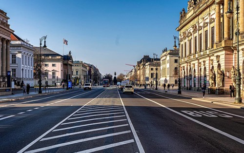 View from the middle of the Unter den Linden road towards the equestrian monument of Frederick the
