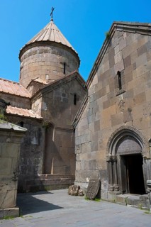 Medieval stone church with dome under clear sky, Goshavank monastery, Tavush province, Armenia