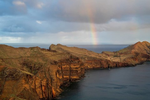 Sunset, rainbow at sea, volcanic peninsula, Ponta de São Lourenço, Ponta de Sao Lourenco, rocky