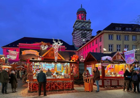 The Christmas market with the illuminated town hall in the evening, Witten, Ruhr area, North