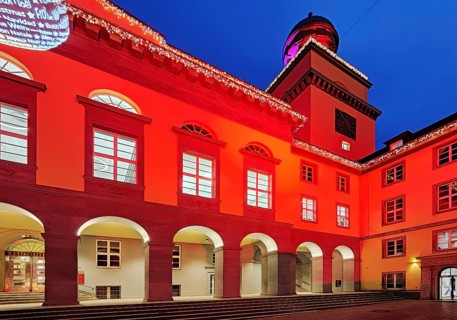 The town hall illuminated for the Christmas market in Witten, Ruhr area, North Rhine-Westphalia,