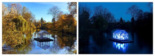 The Lippe River with Christoph Hildebrand's Arche light work during the day and at night,