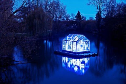 The river Lippe with the artwork Arche by Christoph Hildebrand at night, Lichtpromenade Lippstadt,