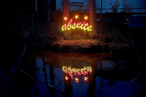 The river Lippe at the Marineverein with the artwork by Jan Philip Scheibe at night, Lichtpromenade
