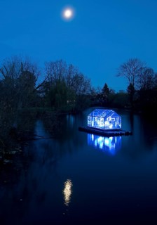 The river Lippe with the artwork Arche by Christoph Hildebrand at night with full moon, Lippstadt