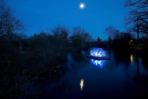 The river Lippe with the artwork Arche by Christoph Hildebrand at night with full moon, Lippstadt
