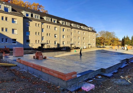 Construction site with finished cast foundation for an apartment building, Lippstadt, North