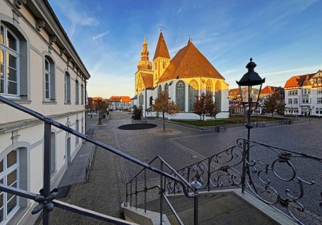 Great St. Mary's Church seen from City Hall at sunrise, Rathausplatz, Lippstadt, North