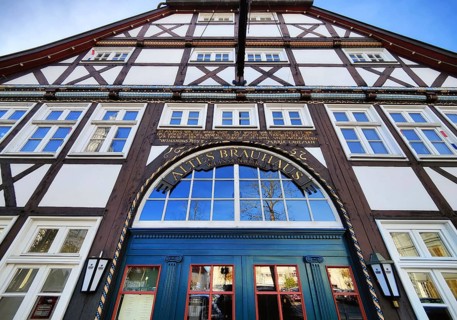 Beautiful door detail on the half-timbered Altes brewhouse in the historic city center of