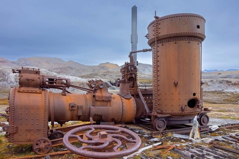 Steam engine at abandoned marble quarry Camp Mansfield, Ny London near Ny-Alesund,